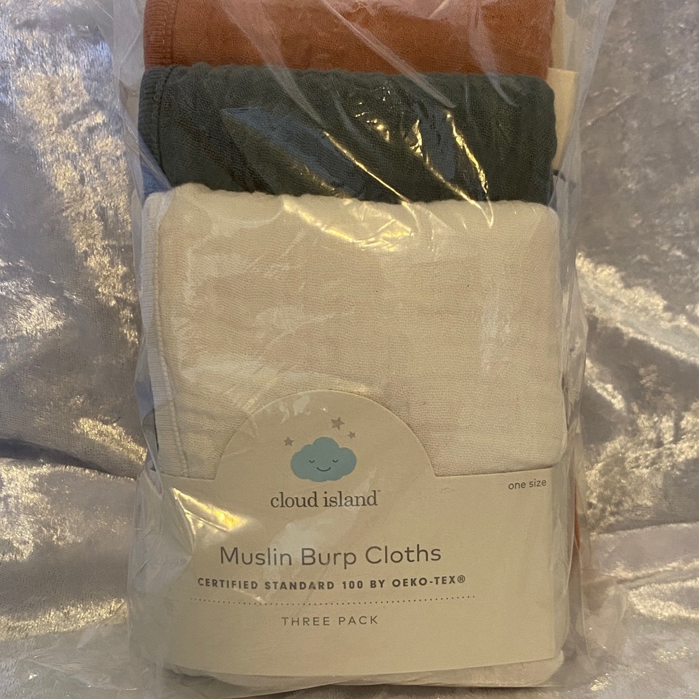 Cloud Island Muslin Burp Cloths in White, Blue, and Brown. (6) in the package